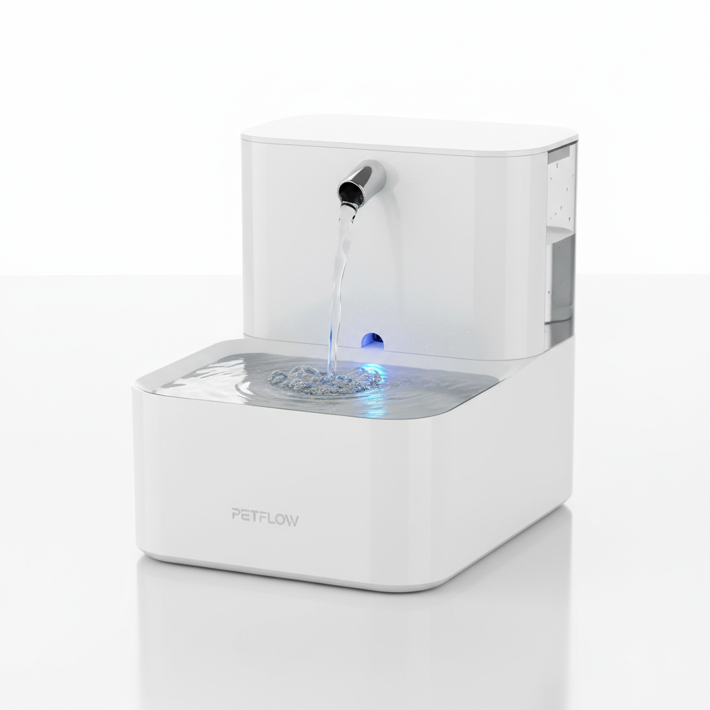 Modern white automatic pet water fountain with flowing water