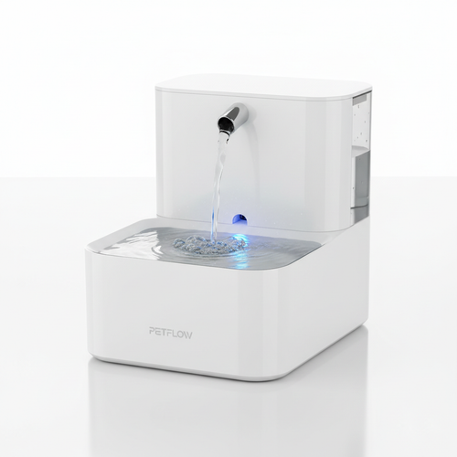 Modern white automatic pet water fountain with flowing water