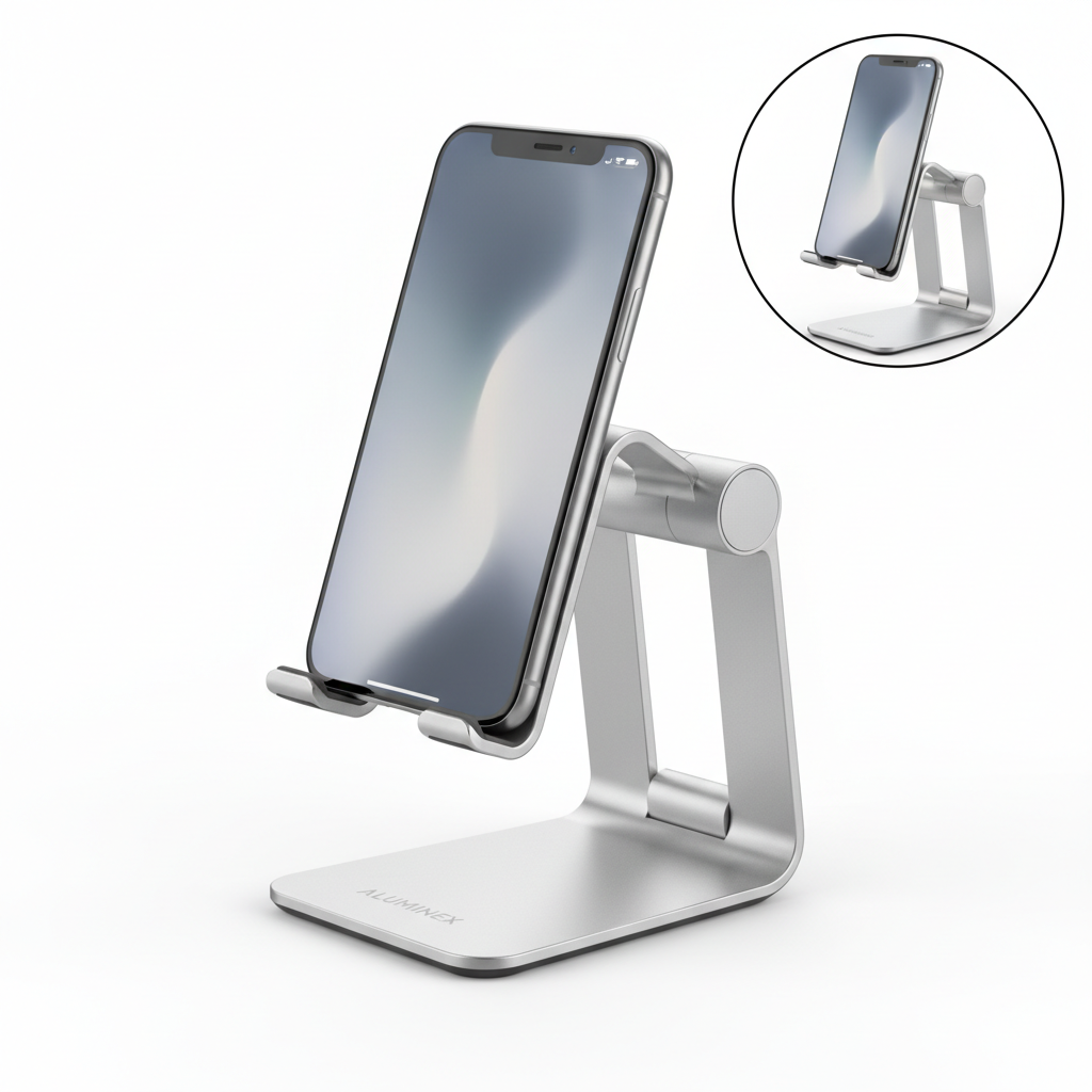 Sleek adjustable aluminium phone stand on white background