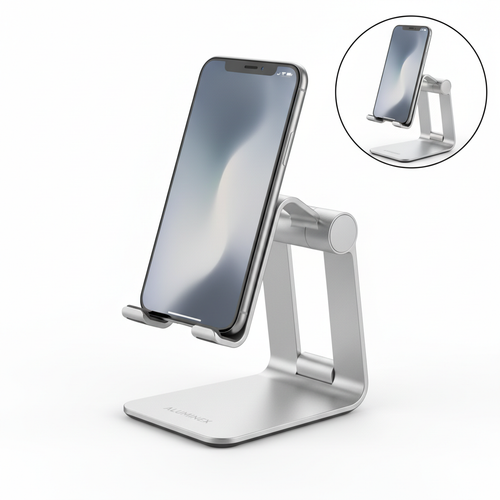 Sleek adjustable aluminium phone stand on white background