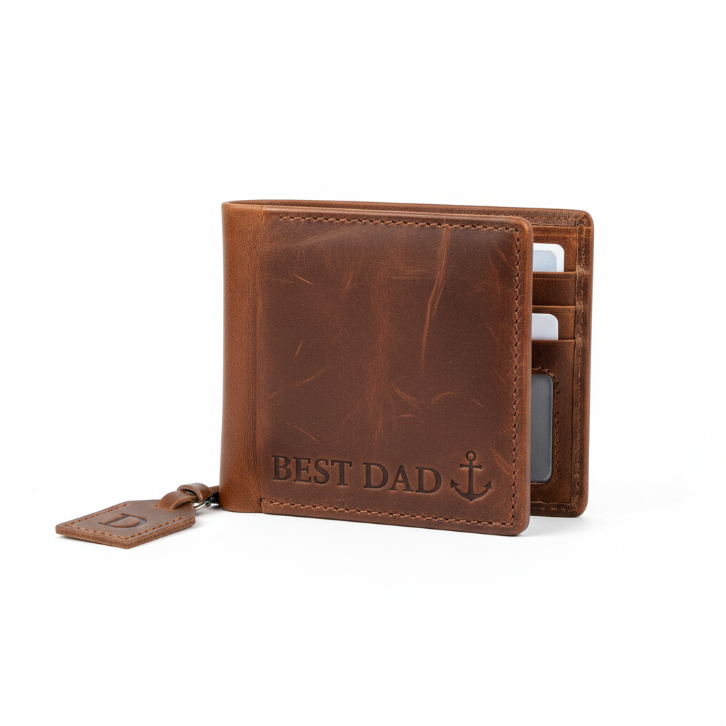 Brown personalised leather wallet on white background