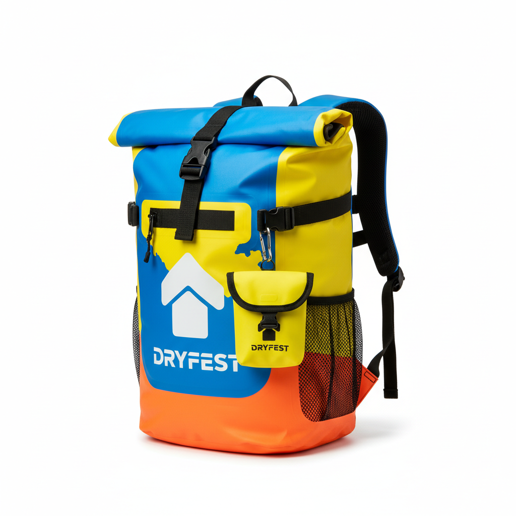 Bright coloured waterproof dry bag on white background