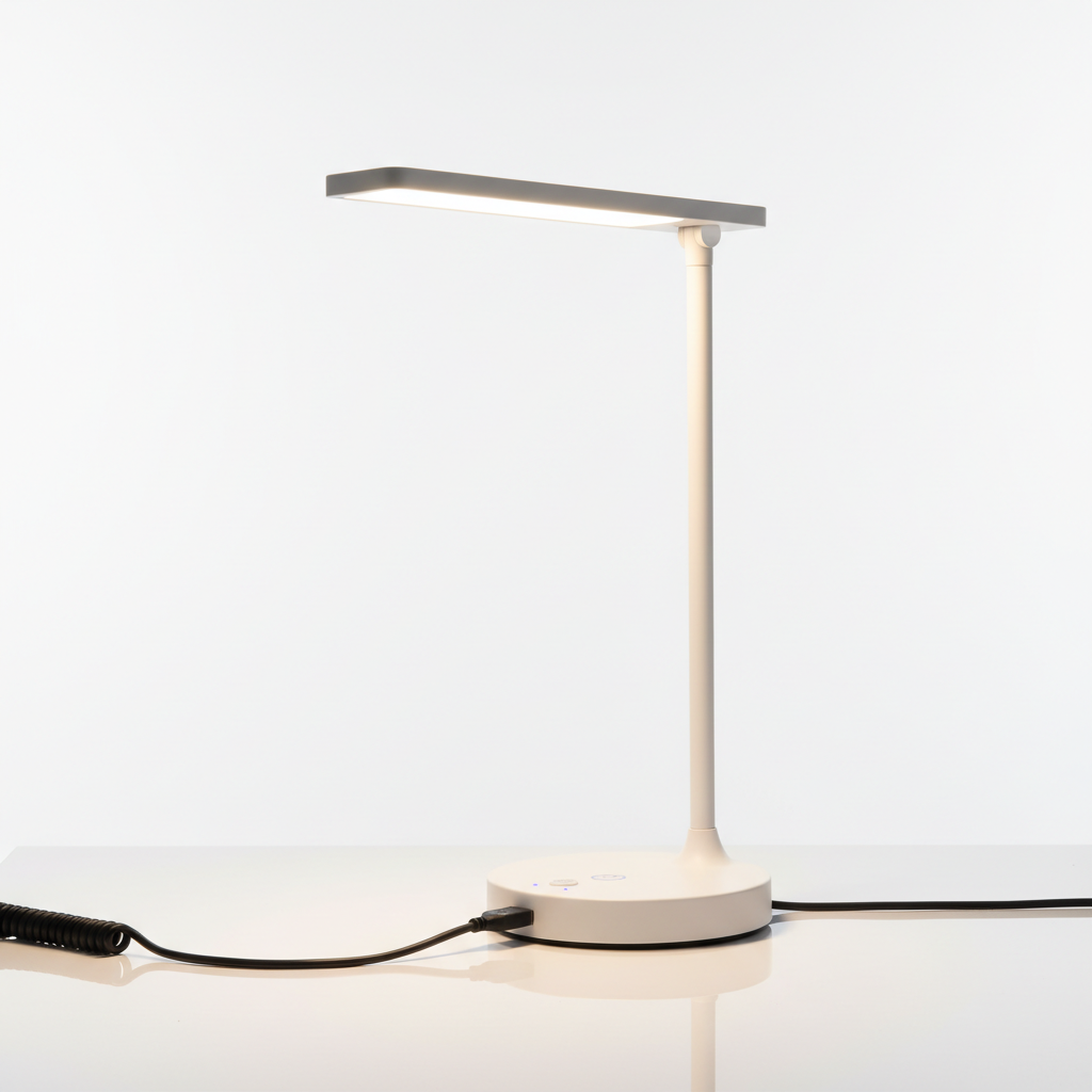 Modern LED desk lamp with USB charging port on white background