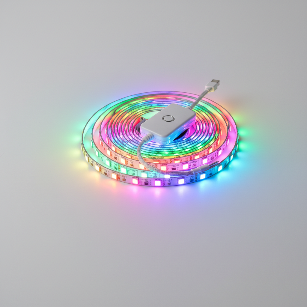 Colourful RGB LED strip lights on white background
