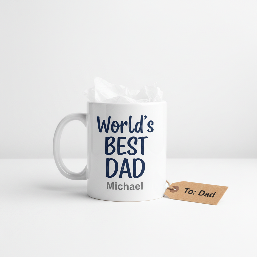 White ceramic World's Best Dad mug on white background