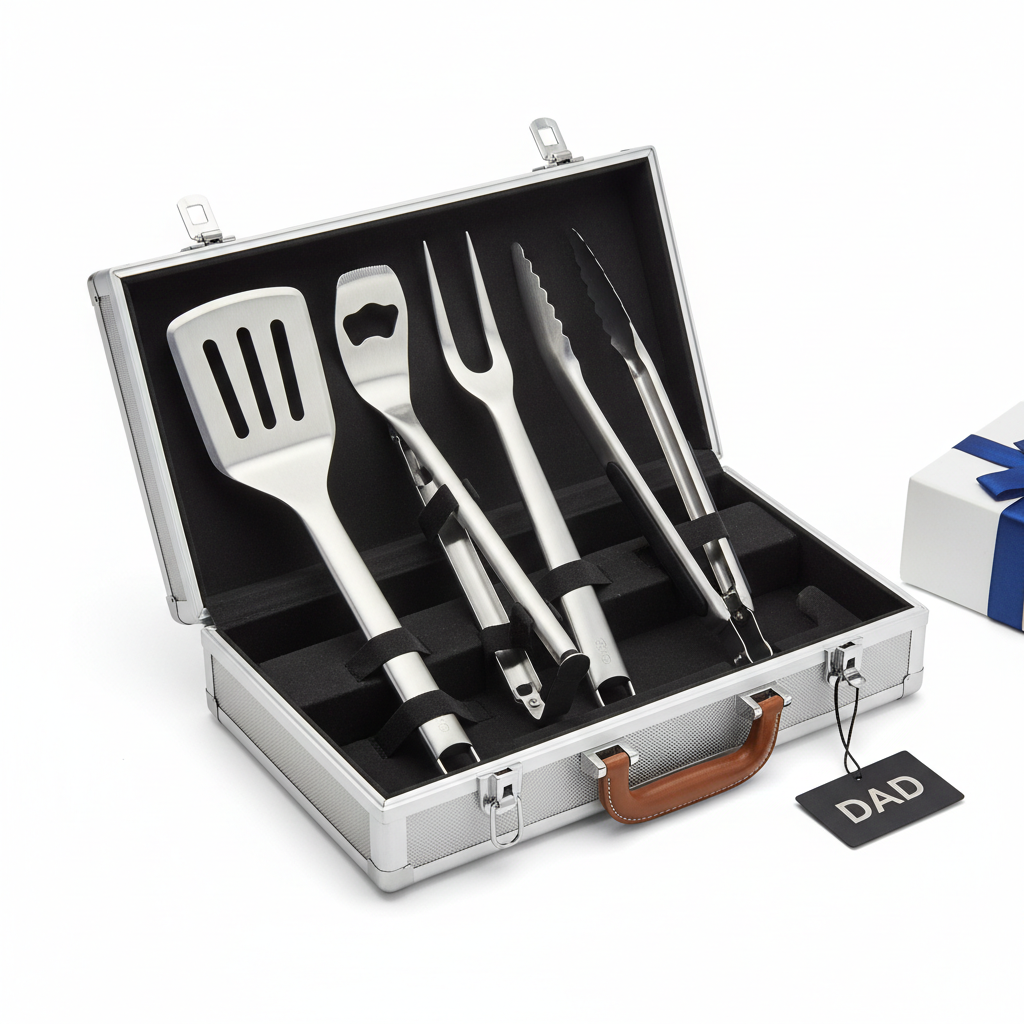 Stainless steel BBQ tool set in a case on white background