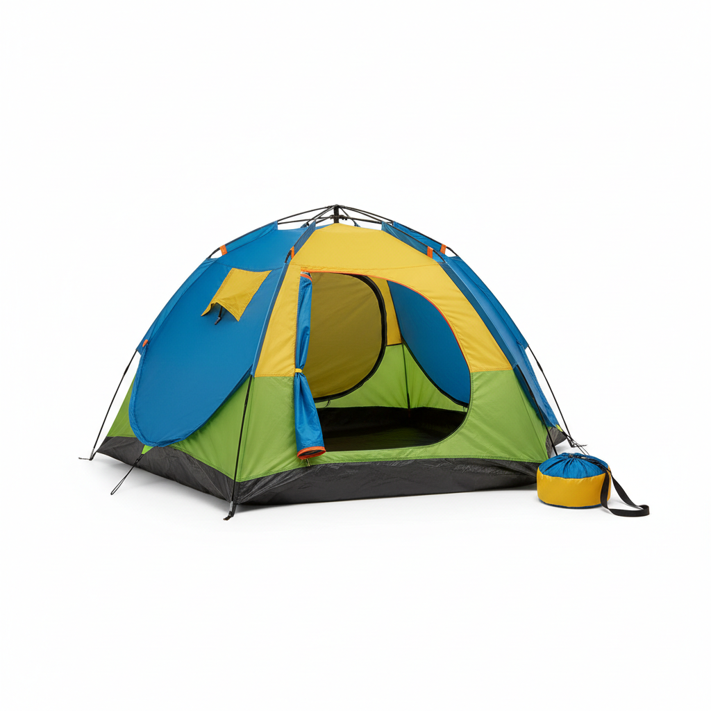 Bright coloured pop up camping tent on white background