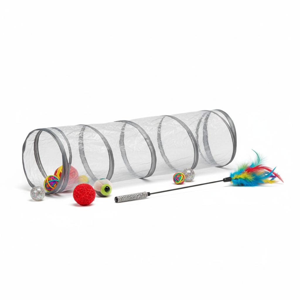 Cat toy set with feather wand, balls and tunnel