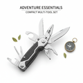 Stainless steel camping multi-tool set on white background
