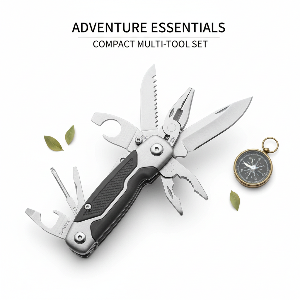 Stainless steel camping multi-tool set on white background