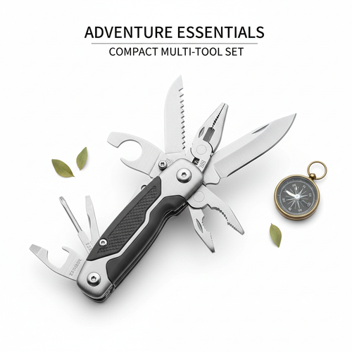 Stainless steel camping multi-tool set on white background