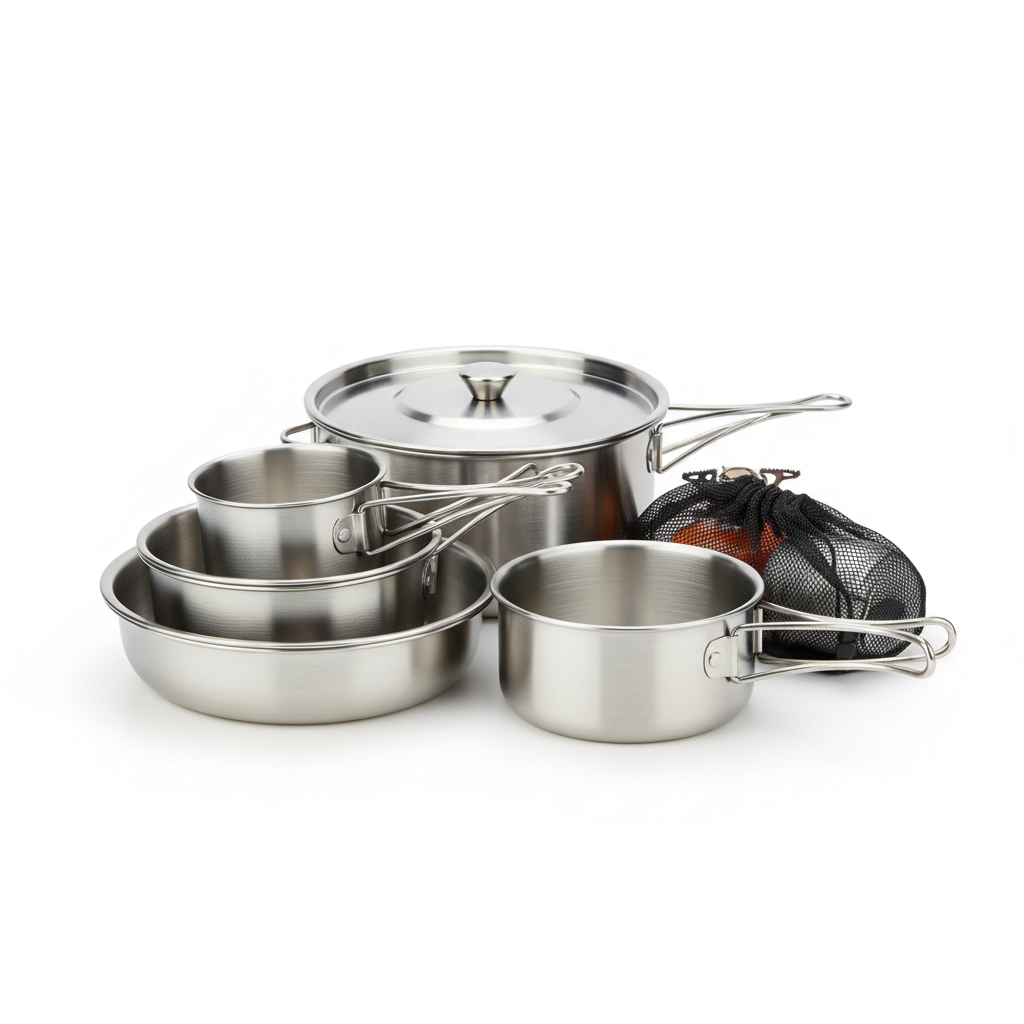 Stainless steel camping cookware set on white background