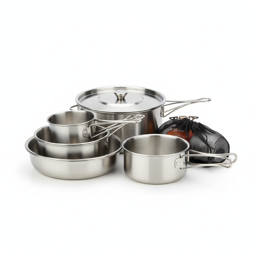 Stainless steel camping cookware set on white background