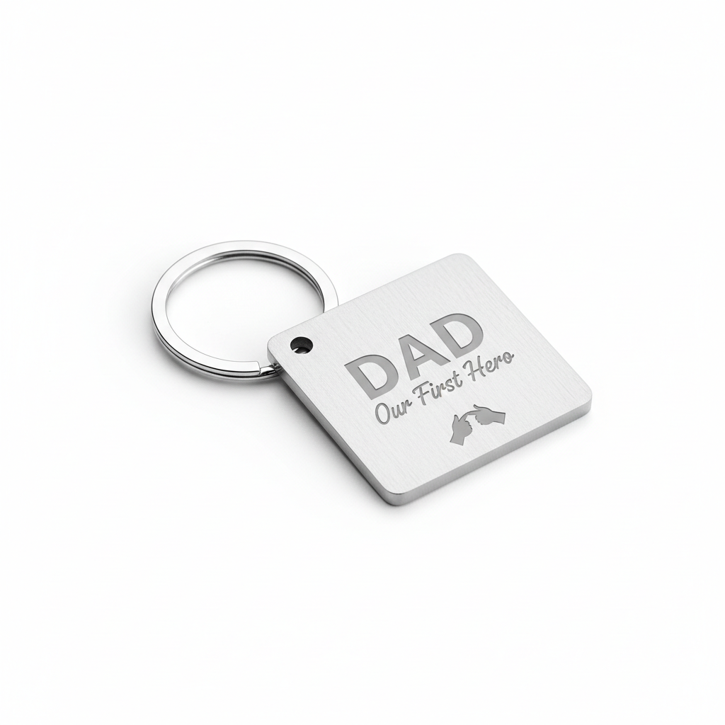 Stainless steel personalised Dad keyring on white background