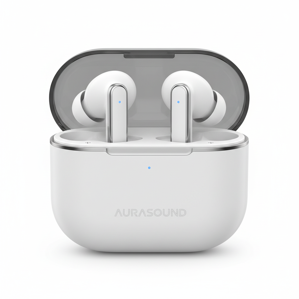 Wireless bluetooth earbuds with charging case on white background