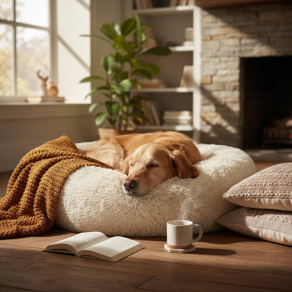 Happy dog sleeping in a cosy plush dog bed
