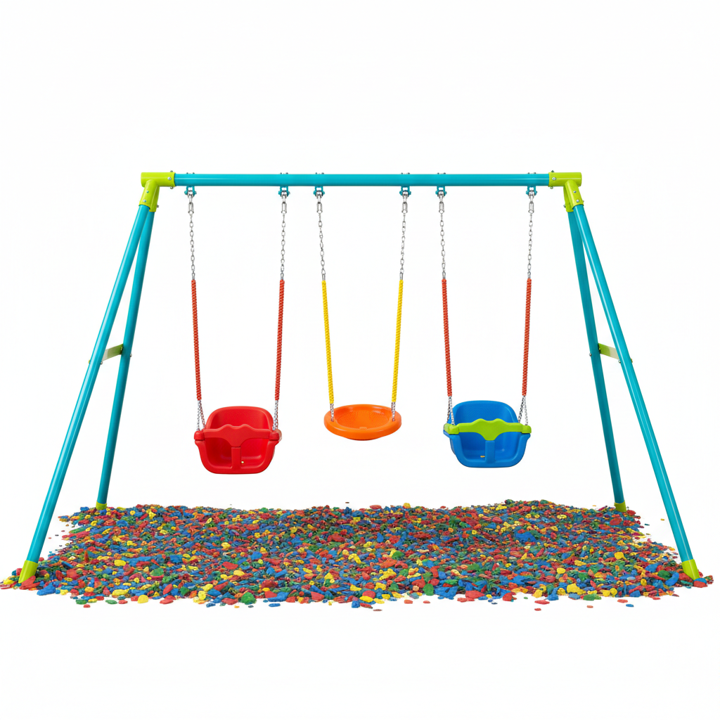 Colourful kids garden swing set on white background